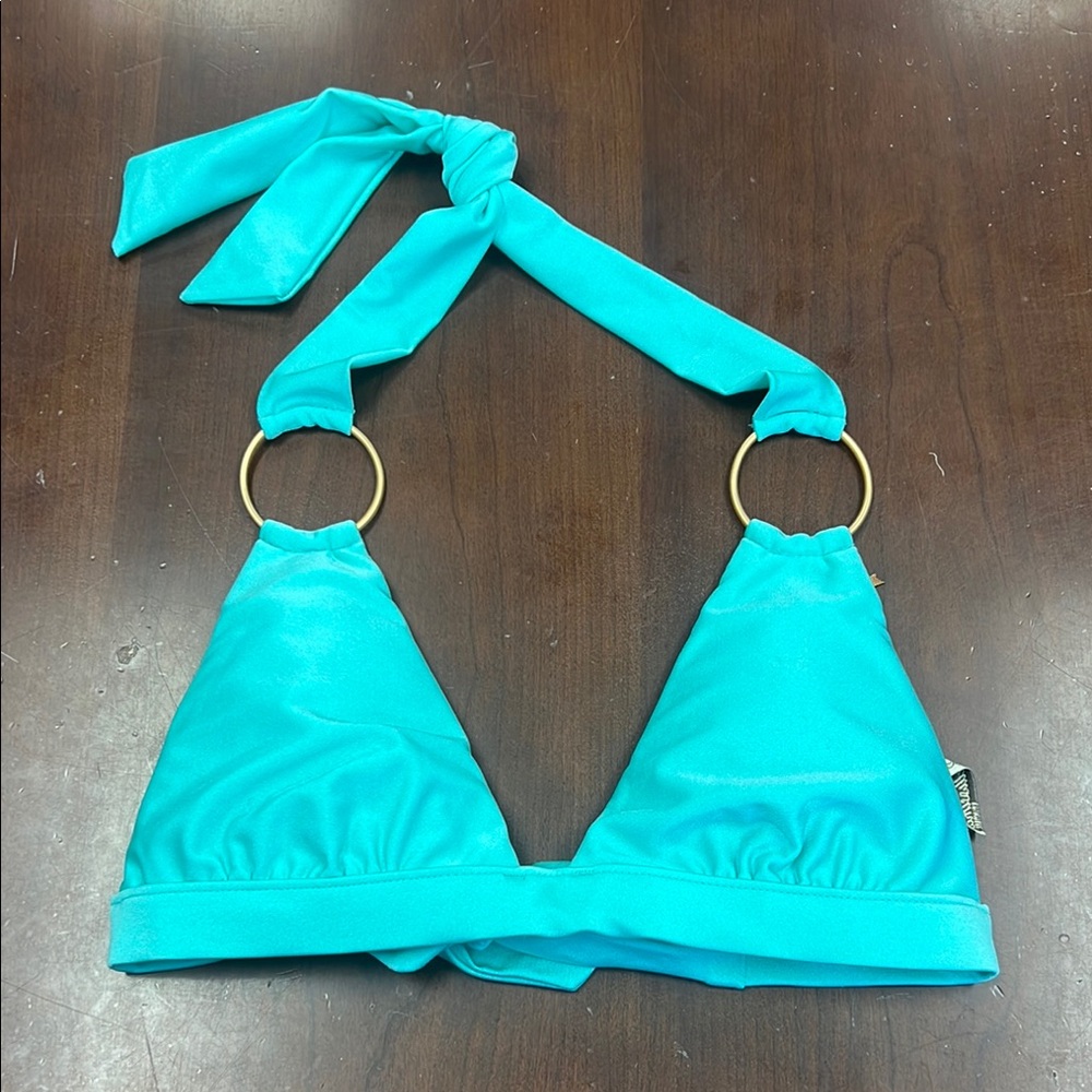 NWT aqua Blue Triangle halter tie back Bikini Top gold ring Accent small spandex